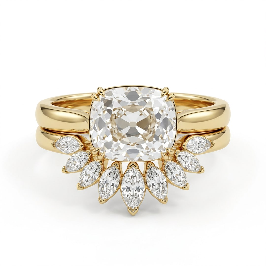 14K Yellow Gold 4.00 TCW Cushion-Cut White Lab-Grown Diamond Tiara Stackable Statement Ring Suite: A breathtaking and majestic 14K yellow gold luxury bridal suite featuring a magnificent certified 4.00 total carat weight cushion-cut white lab-grown diamond solitaire centerpiece paired with a matchi