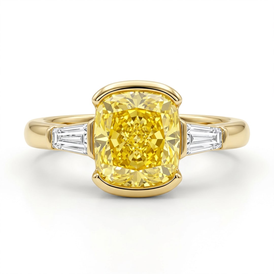 18K Yellow Gold 6.00 TCW Cushion-Cut Fancy Yellow and Tapered Baguette White Lab-Grown Diamond: A breathtaking and majestic luxury three-stone statement ring featuring a magnificent certified 6.00 total carat weight cushion-cut fancy yellow lab-grown diamond centerpiece flanked by matching taper