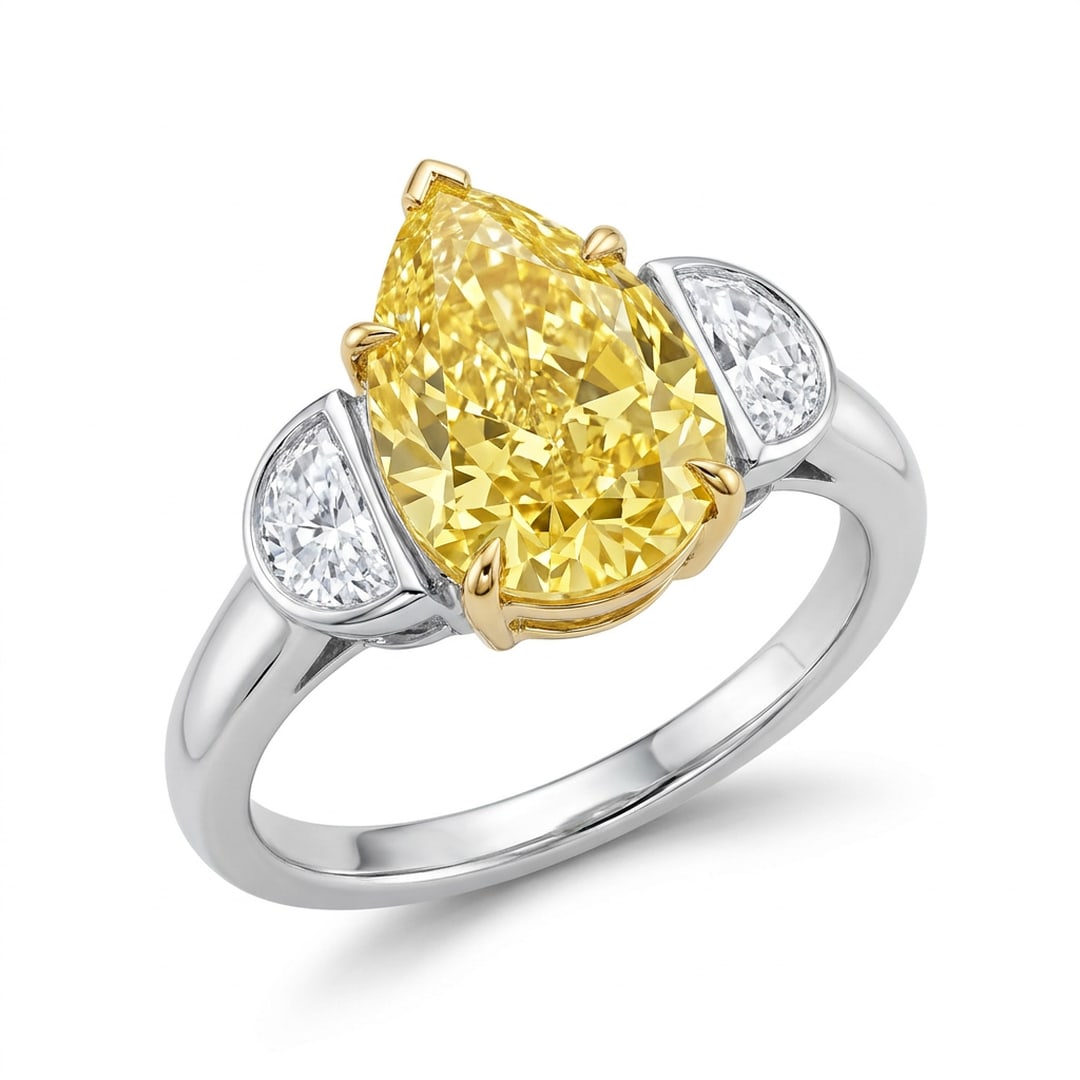 Platinum and 14K Yellow Gold 10.00 TCW Pear-Cut Fancy Yellow and Half-Moon White Lab-Grown Diamond: A breathtaking and majestic luxury three-stone statement ring featuring a magnificent certified 10.00 total carat weight pear-cut fancy yellow lab-grown diamond centerpiece flanked by matching half-mo