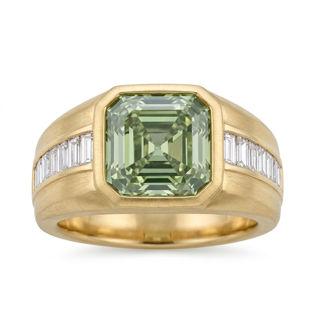 14K Yellow Gold 5.00 TCW Asscher-Cut Fancy Light Green and Channel-Set Baguette White Lab-Grown: A commanding and sophisticated luxury statement ring crafted in brushed solid 14K yellow gold, featuring a magnificent certified 5.00 total carat weight Asscher-cut fancy light green lab-grown diamond