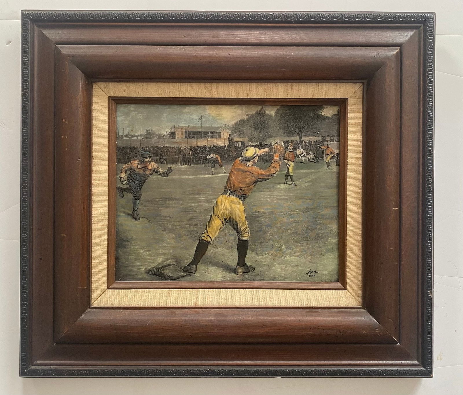 Framed Print Of Woodcut Engraving By American Artist Willim Gilbert Gaul: Framed Print Of Woodcut Engraving By American Artist Willim Gilbert Gaul, Titled "Thrown Out On Second Base"The original engraving was published in Harper's Weekly on September 10, 1887. Gaul was know