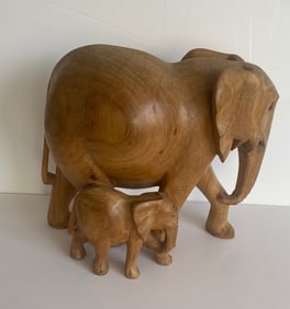 Hand Carved Solid Wood Elephant With Baby