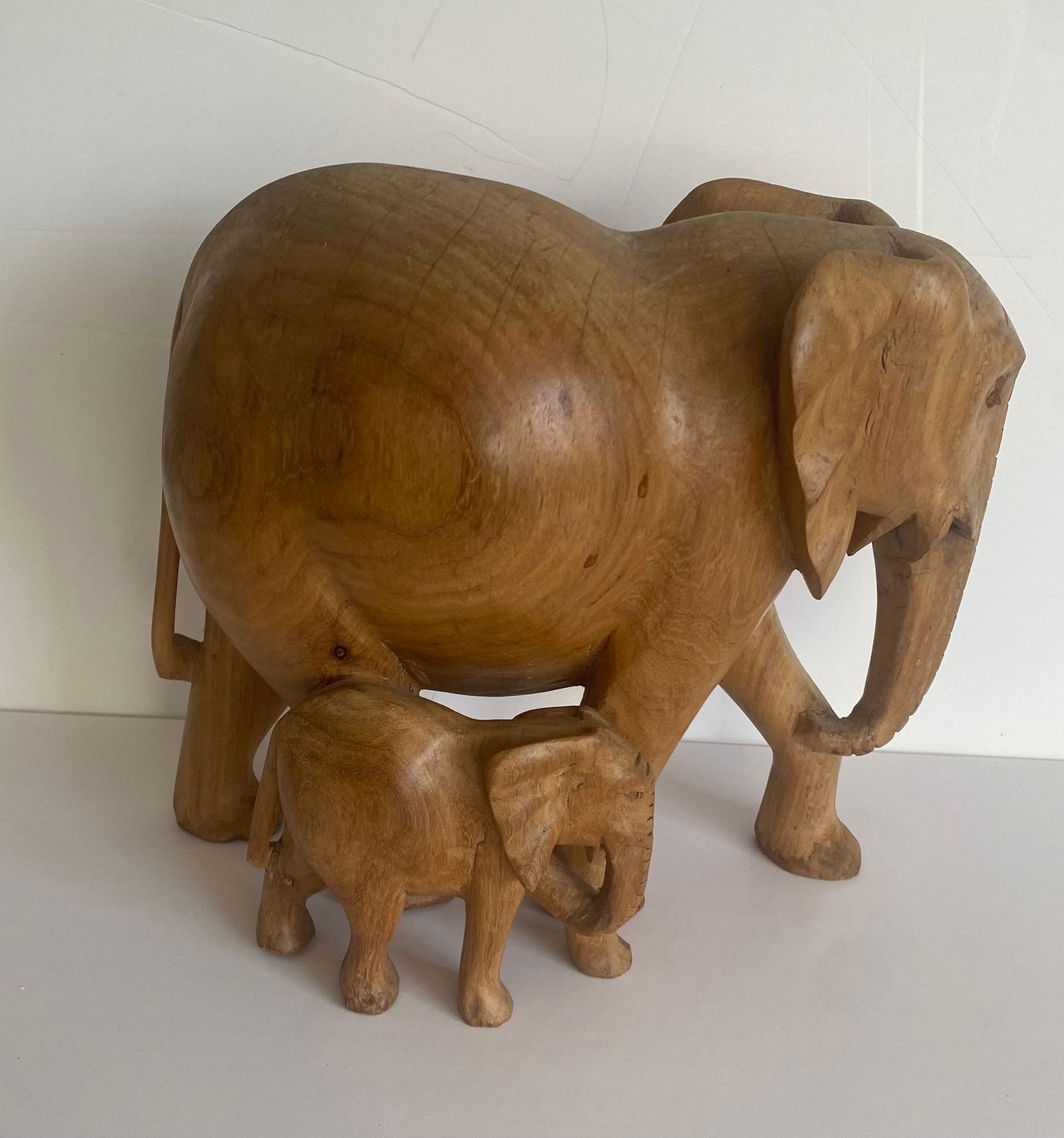 Hand Carved Solid Wood Elephant With Baby