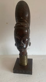Wood Sculpture Of African Women's Head With Brass