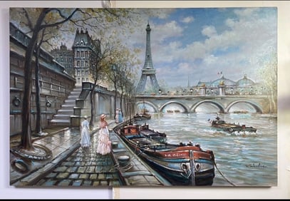 Original Oil On Canvas Of Parisienne Scene In 1800s. Signed By Artist Sebastian