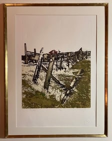 Pencil Signed Monochromatic Etching By Maidy Morhous Titled Fence Posts