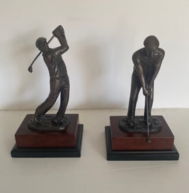 2 Bronze Golf Themed Sculptures On Wood Pedestal