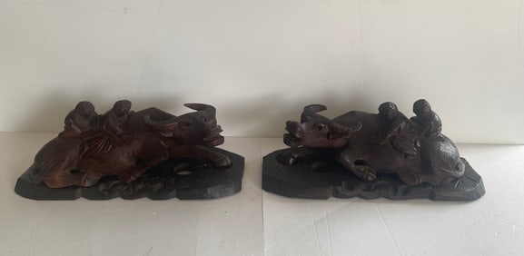 2 Vintage Chinese Hand-carved Wood Sculptures Depicting A Boy Riding A Water Buffalo