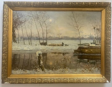 Original Oil On Canvas By Albert Julien Toefaert Winter Landscape With Shepherd, 1895.
