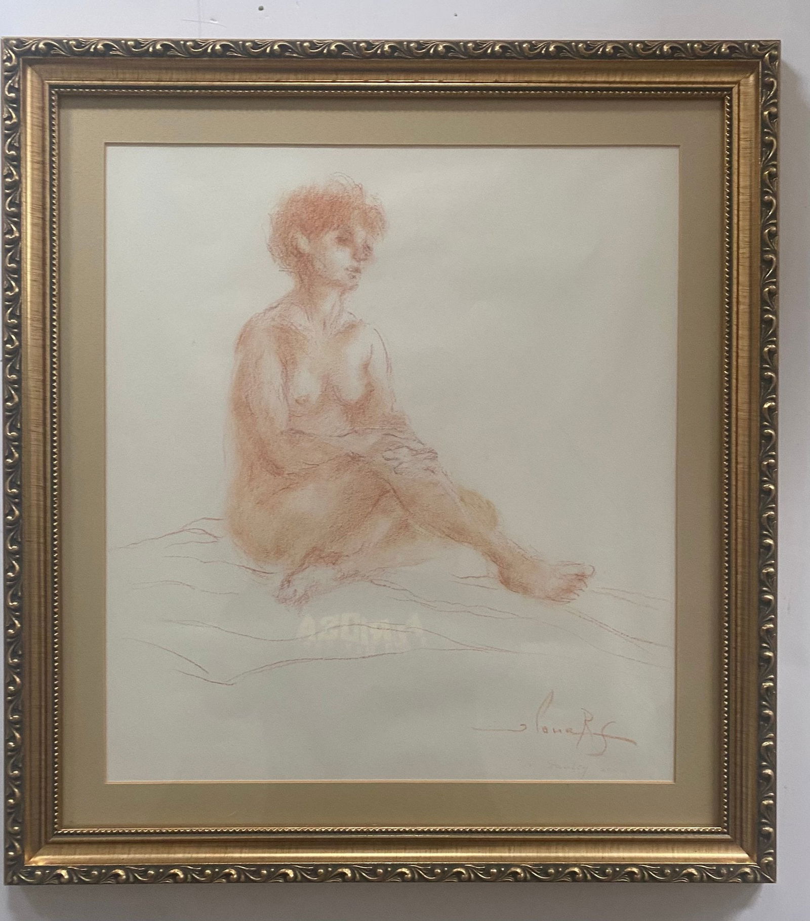 Female Nude Conte Crayon On Paper By LLona Royce Smithkin: This is a framed conte crayon drawing by Ilona Royce Smithkin (1920-2021), an American artist known for her figure studies and portraits. The drawing depicts a seated nude figure rendered in red conte