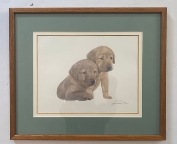 Print Of Two Labrador Retriever Puppies Hand Signed By John Weiss (2 Of 2)
