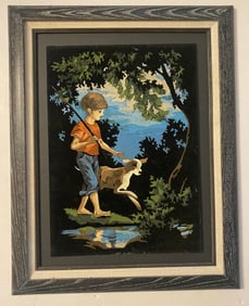 Paint By Number Black Velvet Painting of Boy with Dog