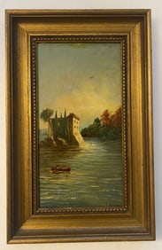Antique Oil Painting On Masone Of A Boat And A Castle