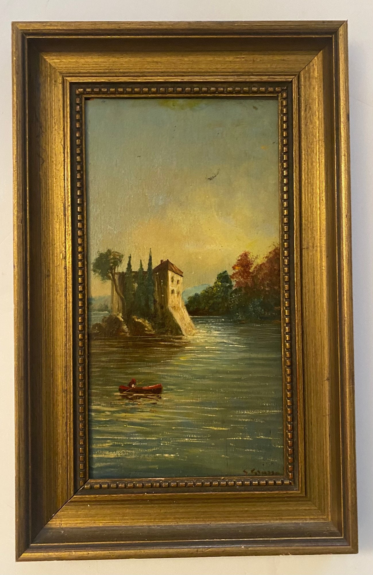 Antique Oil Painting On Masone Of A Boat And A Castle (1 of 5)