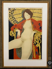 Color Lithograph Titled French Female Nude In Red Robe On Wicker Chair