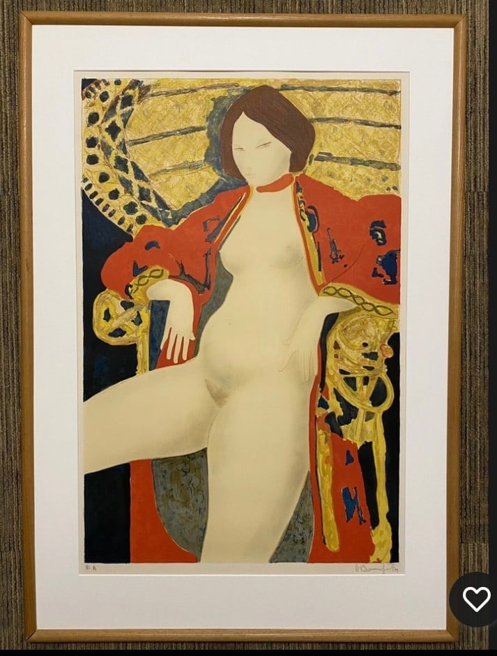 Color Lithograph Titled French Female Nude In Red Robe On Wicker Chair: Lithograph by French artist Alain Bonnefoit, known for his depictions of the female nude. The artwork is titled "French Female Nude in Red Robe on Wicker Chair". Alain Bonnefoit (b. 1937) is a painter