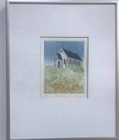 Small Etching Of Old St. Hillarys Church In Tiburon, CA. Embossed Paper