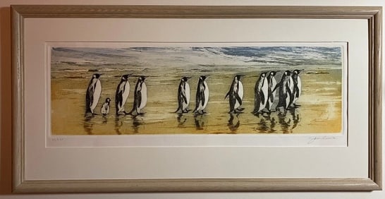 Pencil Signed Etching Of Penguins On The Beach. Limited Edition.