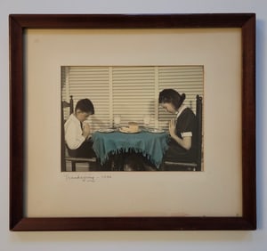 Vintage Photograph "thanksgiving 1936" Table Prayer