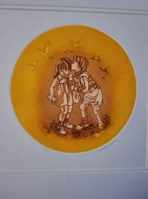 Limited Edition Etching W/COA By Virgnia Curtin Of Young Boy And Girl