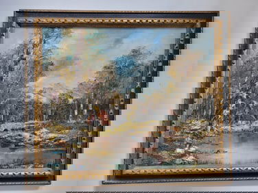 Original Oil On Canvas Landscape With An Antique Gold Frame, Unsigned.