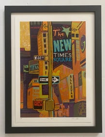 Colorful Lithograph Of Iconic Times Square In New York Pencil Signed By Artist