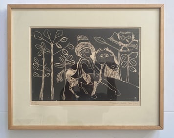 Woodcut By Brazilian Artist Geraldo Trindade Leal (born 1927), Titled "Cena Rural"