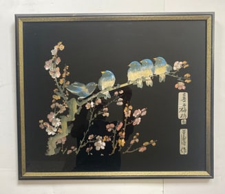 Piece Of Mother Of Pearl Japanese Wall Art, Featuring A Scene With Birds