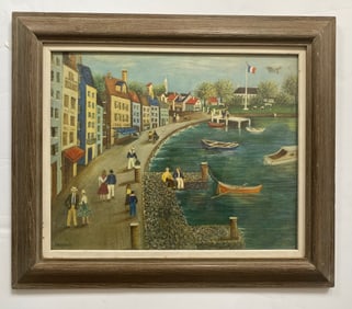 Vintage Print Of Seashore Painting Of A Waterside Town In France