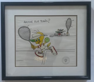 Framed Classic Looney Tune Character Tweety Titled "Anyone For Tennis"