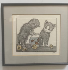 Engraving Print Of Kittens And Fish Bowl