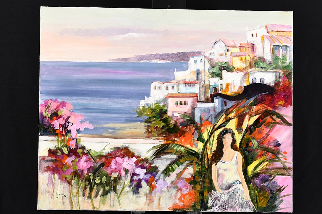 Gera Original Painting on Canvas: This very colourful original oil painting by the artist Gera which depicts a beautiful Mediterranean scene with a modern lady in the foreground. Superb condition for its age.. H: 80cm W: 100cm D: 2cm