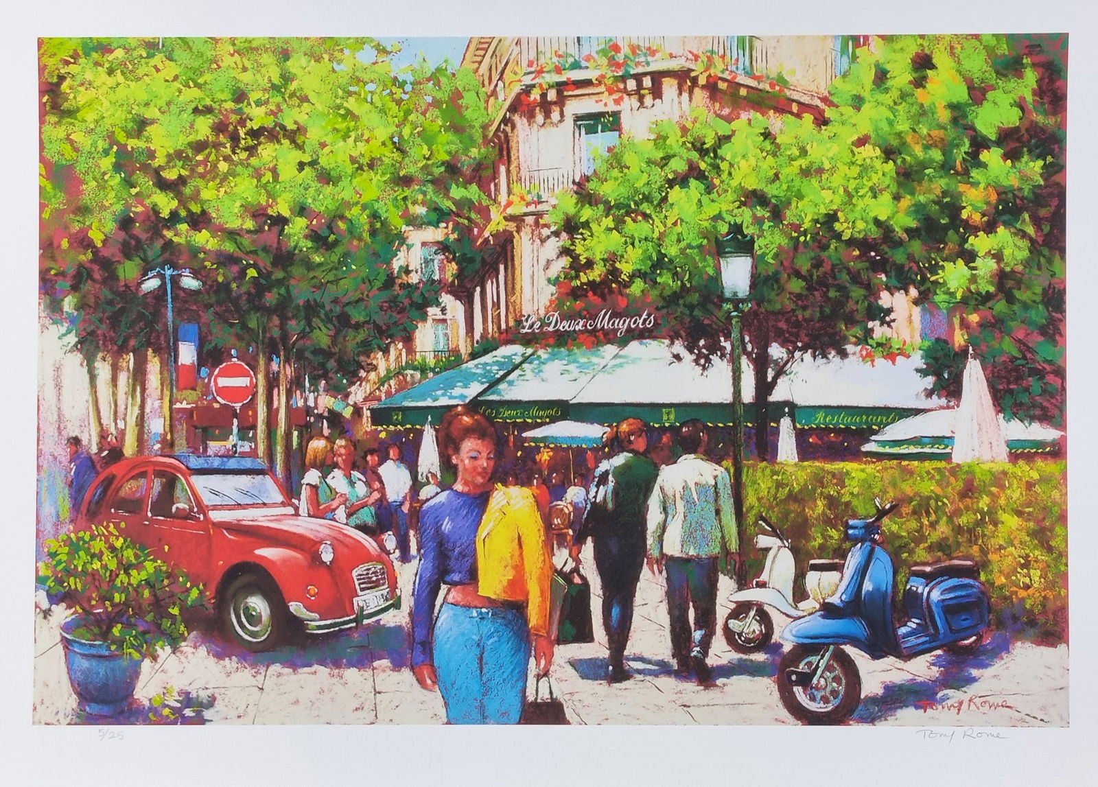 Tony Rome signed limited edition No.5/25: Tony Rome signed limited edition of a French Café scene. One of only 25 published (No.5). A high quality limited edition by this respected English artist.. H: 48cm W: 65cm D: 1cm