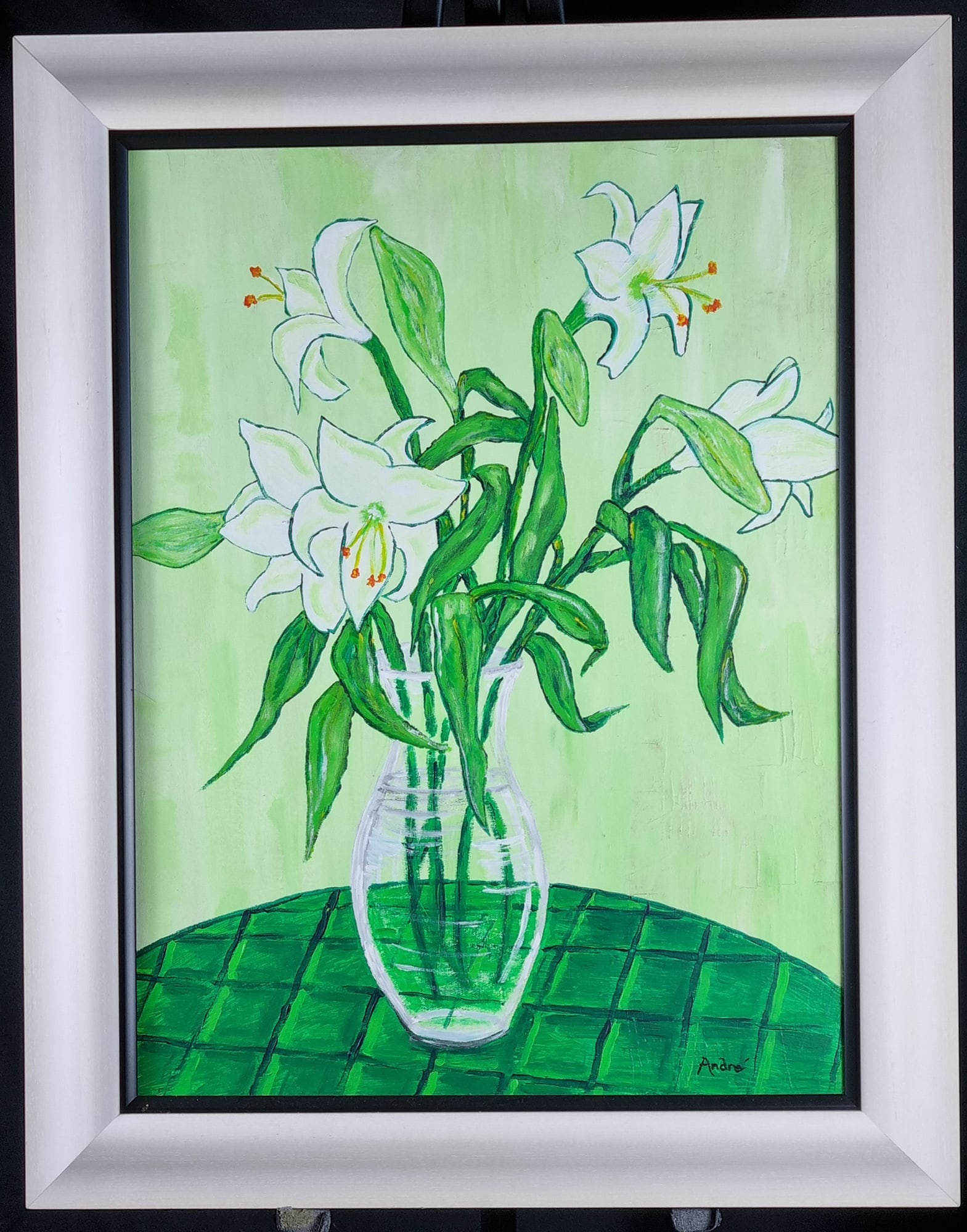 Andy McDougall, Original Oil on Canvas, "Green Room With Lillies": Scottish artist Andy McDougall's original painting, titled "Green Room with Lillies," represents a departure from his traditional style. This piece is one of only six still lifes he has created.