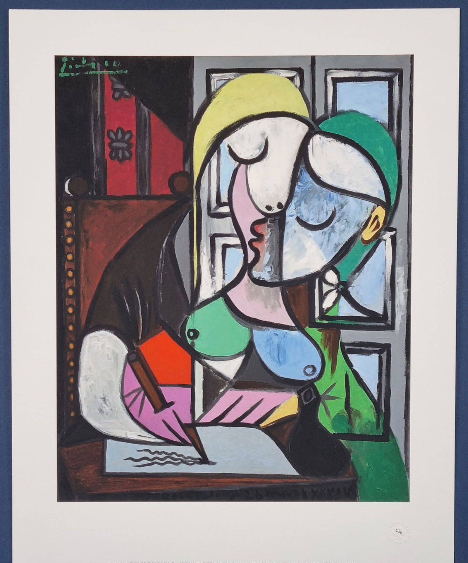 Pablo Picasso Limited Edition "Femme Ecrivant”: Limited edition by Pablo Picasso titled "Femme Ecrivant” Supplied with signed certificate of authenticity (signed by the Master Printer) and numbered in the embossed stamp, one of only 91 publis