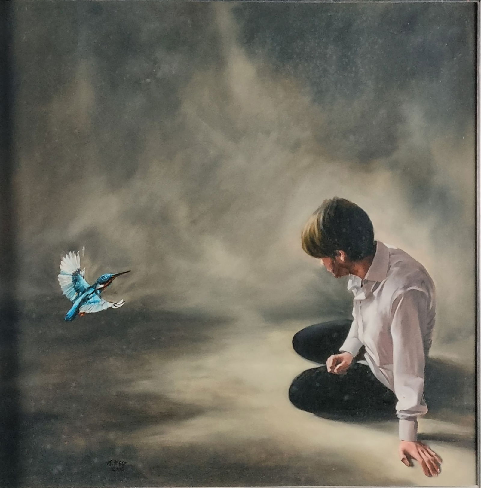 Tristan Reid, Original Oil on Panel, Titled "Kingfisher".: "Kingfisher" is an original 'published' oil painting by Tristan Reid, a British artist born in 1978. Reid is celebrated for his contemporary figurative works, which often draw inspiration from the