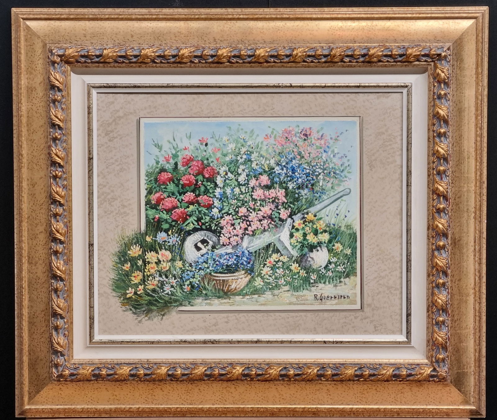 Original Italian Oil on Canvas Framed: Colourful and unusual Original oil on canvas signed lower right by the artist. Very nicely framed in an Italian gold ornate frame.. H: 76cm W: 66cm D: 5cm