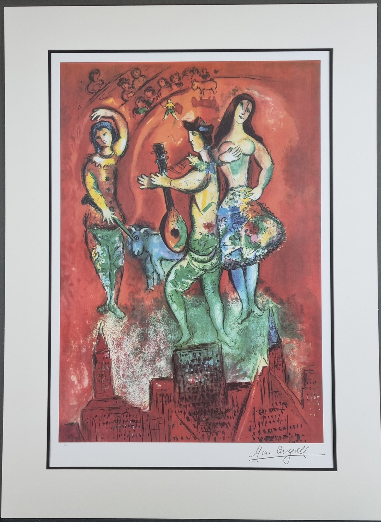 Marc Chagall "Carmen" Limited Edition Lithograph: Limited edition Marc Chagall lithograph titled "Carmen" numbered lower left 331/500. Printed on thick quality archival paper and mounted. In very good condition.. H: 87cm W: 64cm D: 1cm