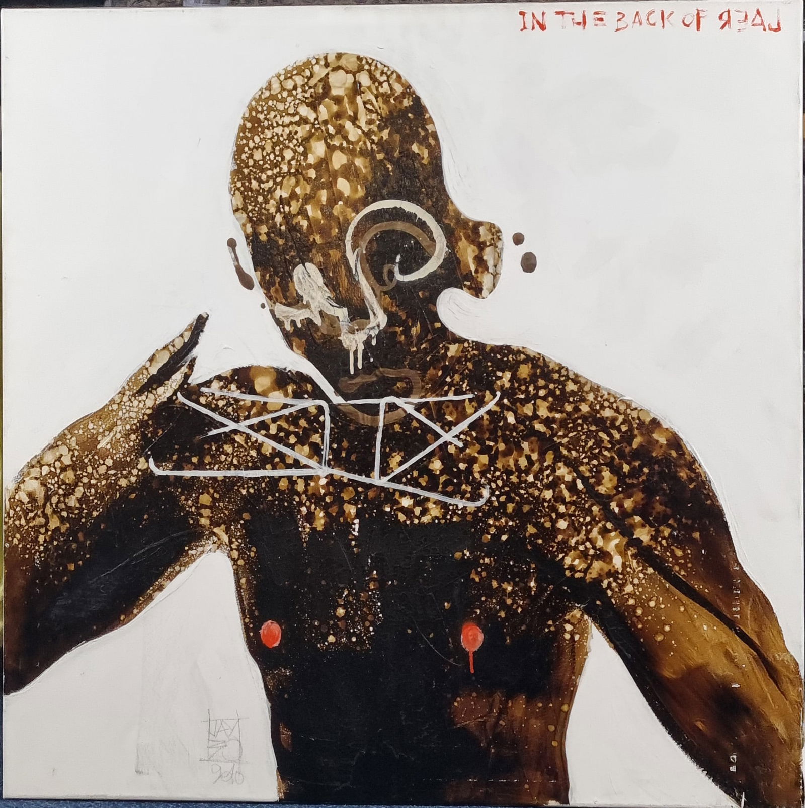 Jeremy Baudouin (French) Original Mixed Media on Canvas: Mixed media original on canvas by French artist Jeremy Baudouin signed and dated 2010. Titled "In Back of Real".. H: 90cm W: 90cm D: 2cm