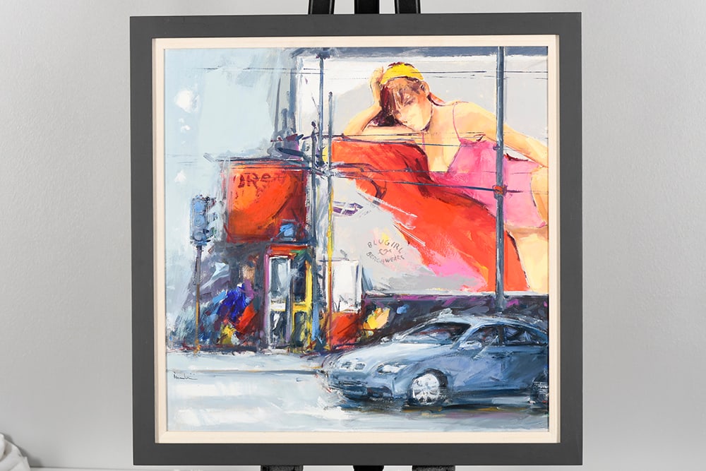 Giuliano Trombini Original Painting "Blugirl": Italian artist Giuliano Trombini original framed painting on canvas titled "Blugirl". Supplied with a replacement valuation certificate for £850 (free of charge). Giuliano Trombini was born in