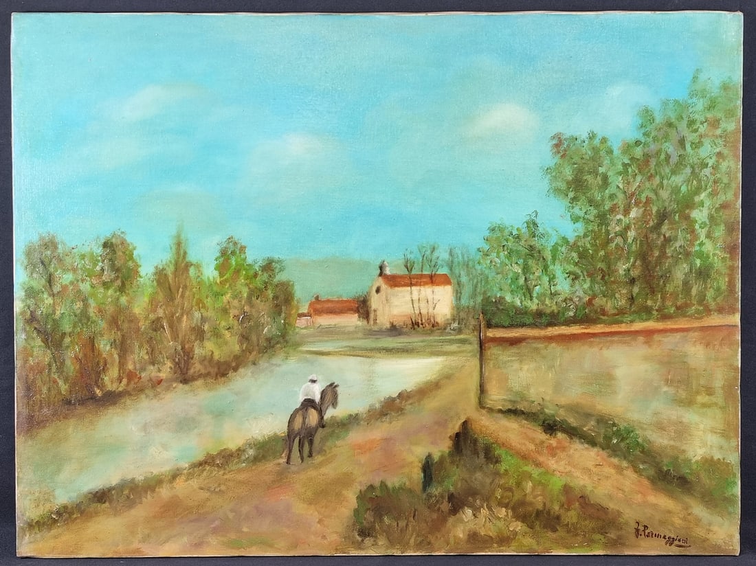 Parmeggiani (Italian) Original Oil on Canvas: Original oil on canvas (late 20th century) of a country scene by the Italian artist Parmeggiani. In very good condition for its age. Signed lower right.. H: 60cm W: 80cm D: 2cm