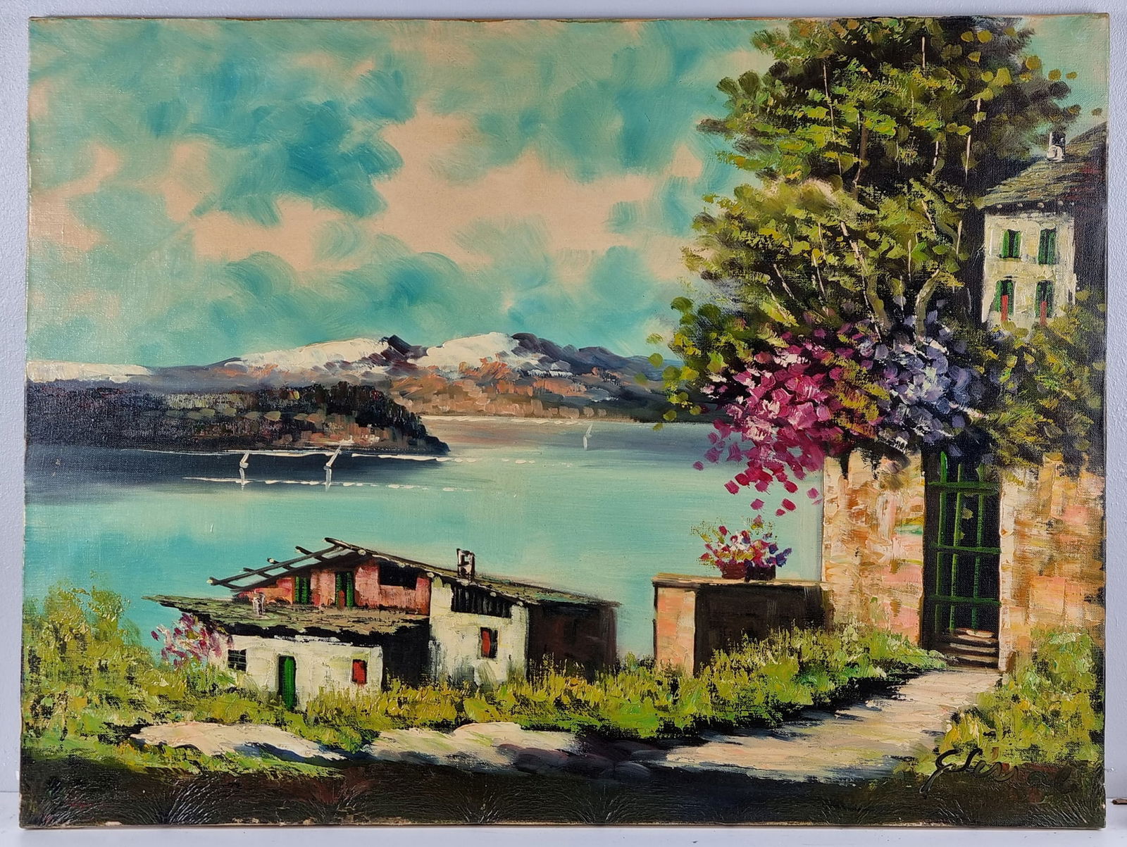 Oil Painting on Canvas by G. Sunal: Oil Painting on Canvas of lake scene. Signed lower right G. Sunal. On stretcher bars ready to frame.. H: 60cm W: 80cm D: 2cm