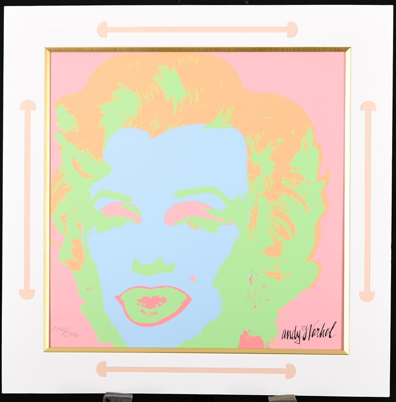Andy Warhol Limited Edition Lithograph: Limited edition Andy Warhol Marilyn Monroe image 60cm x 60cm approx. Number 1142/2400 mounted, signed in the plate. . H: 74cm W: 74cm D: 1cm