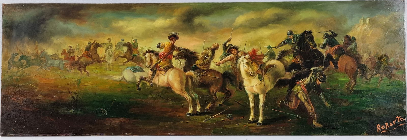 Original Oil on Panel by Roberto: Fine painting on panel signed lower right Roberto. A few very slight marks on panel.. H: 30cm W: 91cm D: 2cm