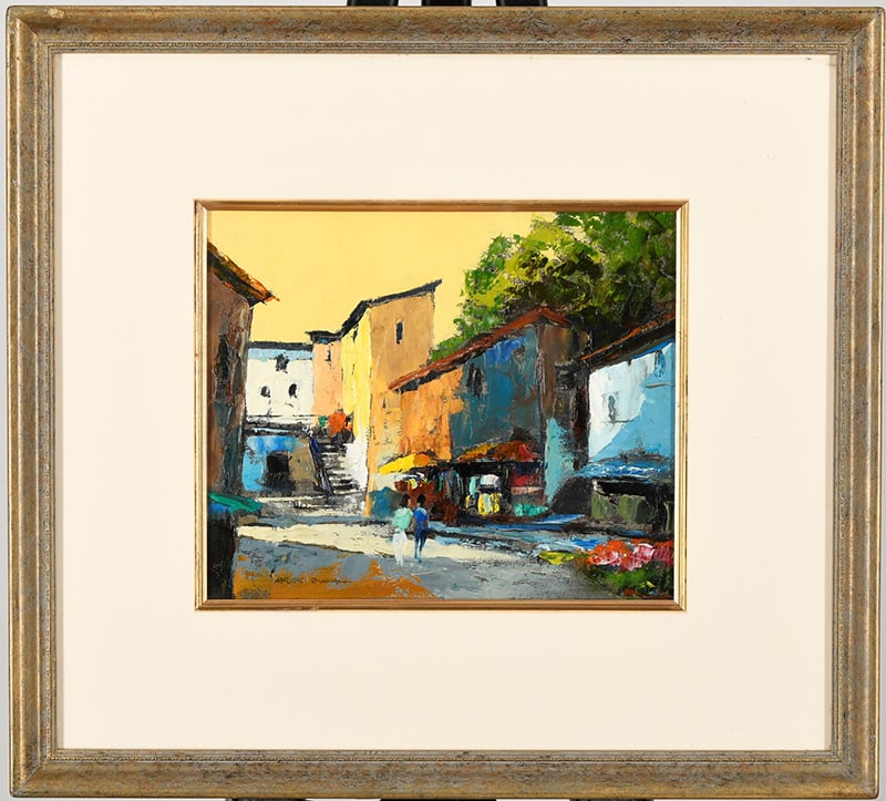 Mark Randall original Oil painting. "Village Shadows - Tuscany".: A delightful original oil on Daler board by the artist Mark Randall titled "Village Shadows - Tuscany". Framed in an English hand made frame.. H: 49cm W: 54cm D: 3cm