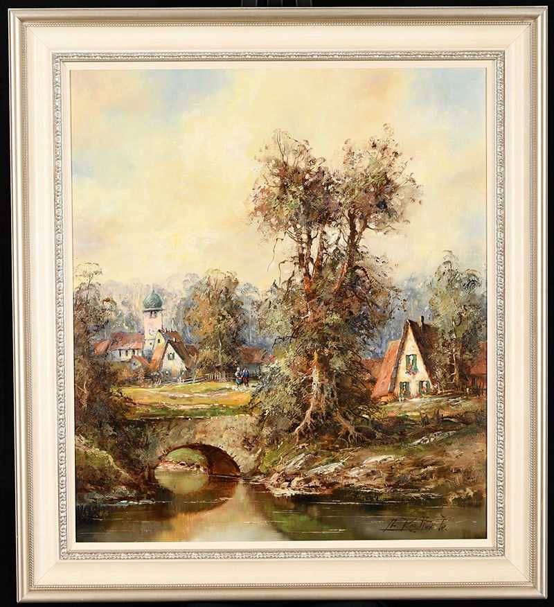 Oil on Canvas Village Scene: Original oil on canvas of a colourful village scene. Framed in an expensive bespoke frame. Signed lower right.. H: 100cm W: 91cm D: 5cm