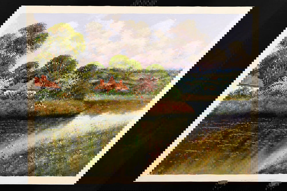 Oil Painting on Canvas Country Scene: A very fine original painting on canvas (unsigned) depicting a peaceful country scene. The canvas is approximately 3ft x 4ft in dimension.. H: 100cm W: 130cm D: 2cm