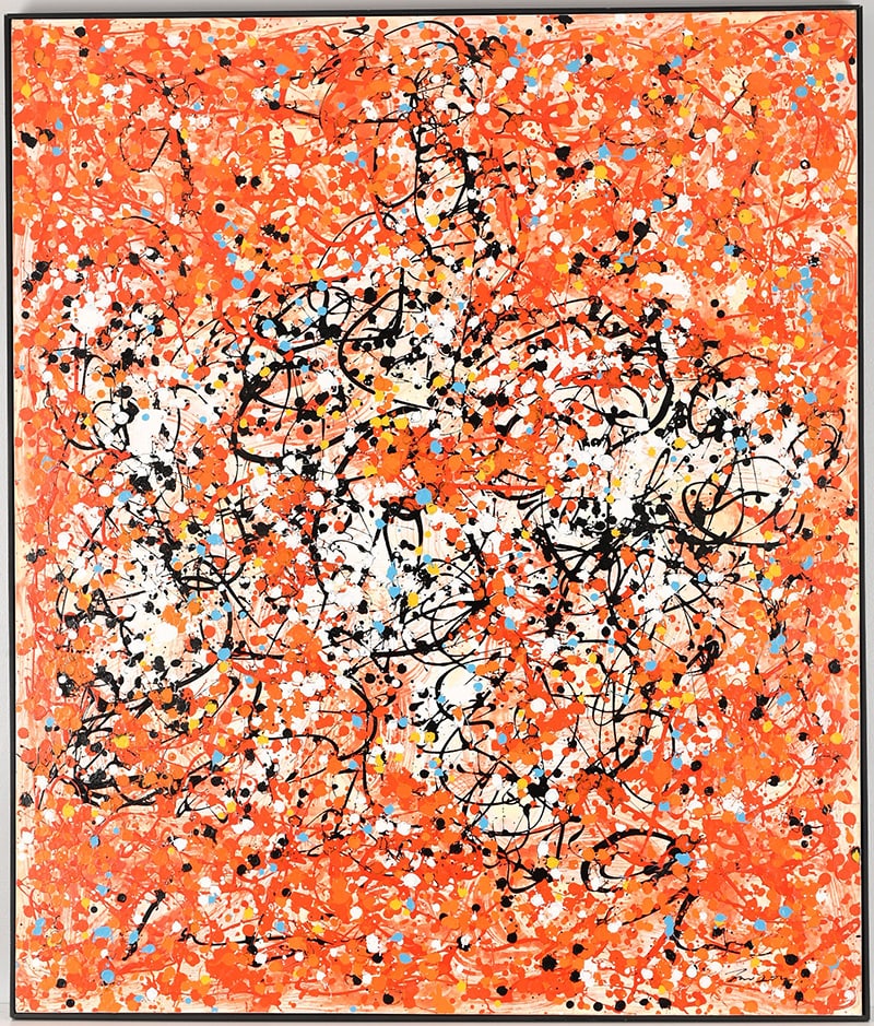 Very Large Oil on Canvas: Very large original Chinese oil on canvas painted in bright colours. Signed by the artist lower right. Framed in a box frame so ready to hang.. H: 150cm W: 130cm D: 6cm