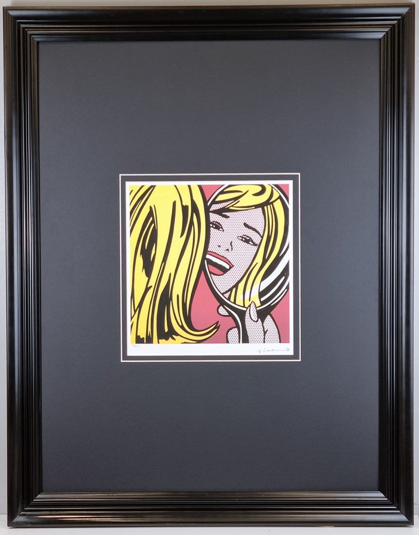 Roy Lichtenstein Limited Edition: Roy Lichtenstein (1923 - 1997) limited edition titled "BLONDE IN THE MIRROR" Numbered lower left 50 from a 150 edition. Colour print after the artist's work on an offset background on wove paper.