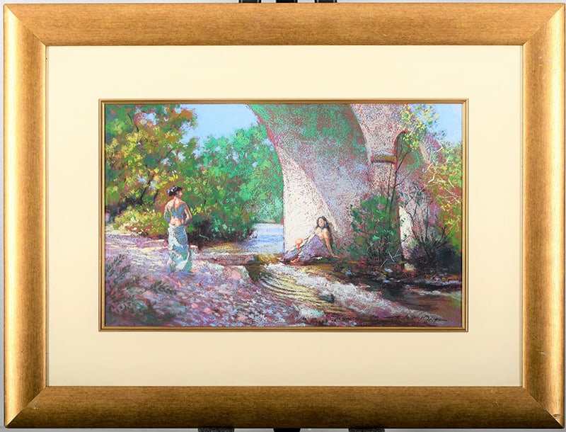 Anthony Orme Original Pastel: Original pastel painting by talented English artist, Anthony Orme. Depicting 2 bathing ladies under a viaduct. Framed and mounted. Supplied with a replacement valuation for £1800 free of